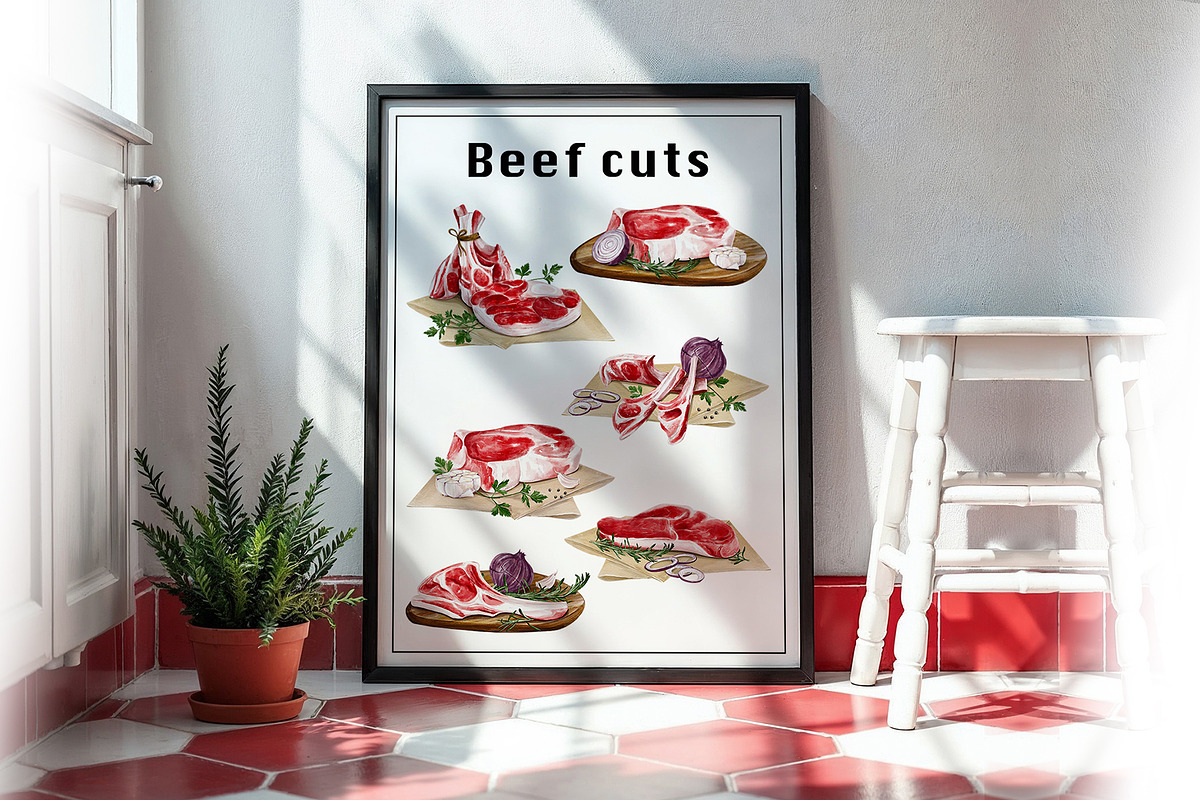 Meat, butcher shop. Watercolor., a Food Illustration by Alena Sid (Photo 5 of 11)