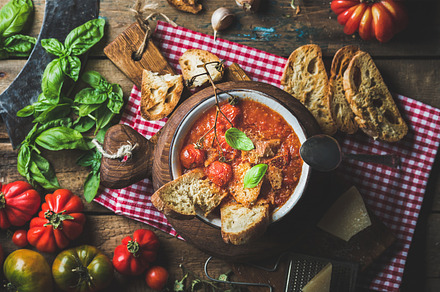 Italian tomato and garlic soup containing soup, food, and meal, a Food & Drink Photo by Foxys