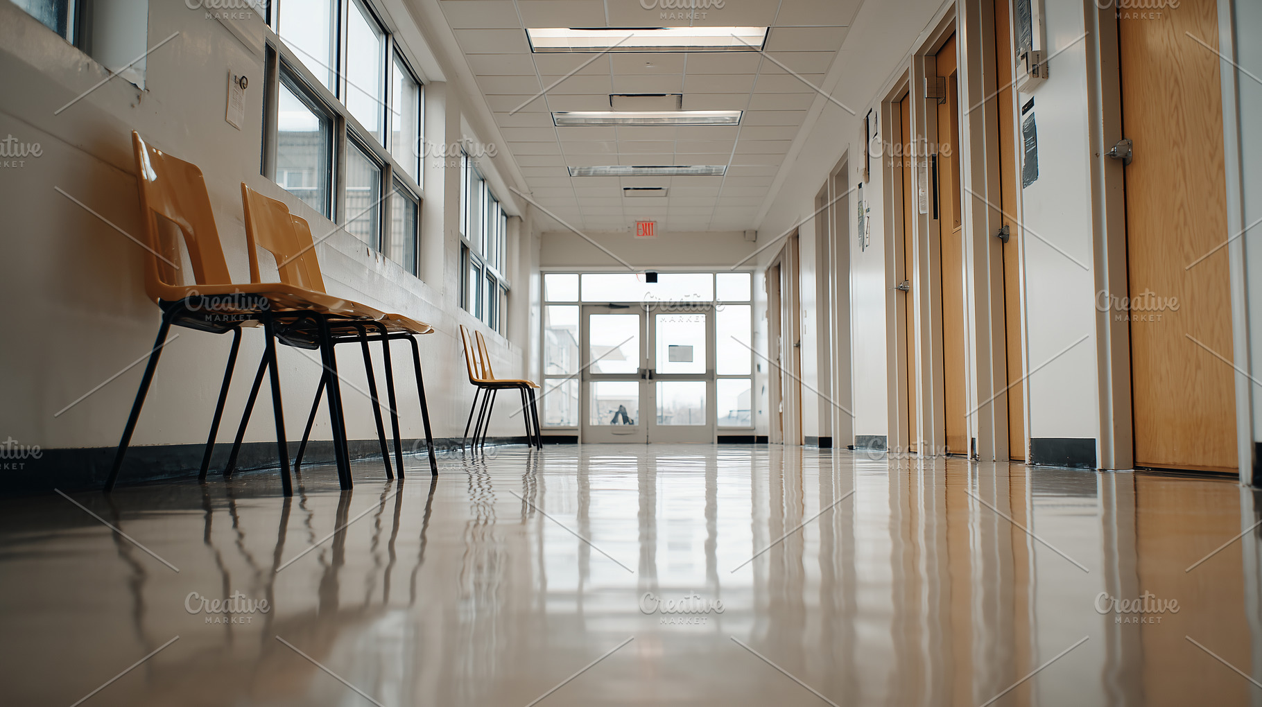 Bright, empty school hallway with, a School & Education Photo by MistyDay