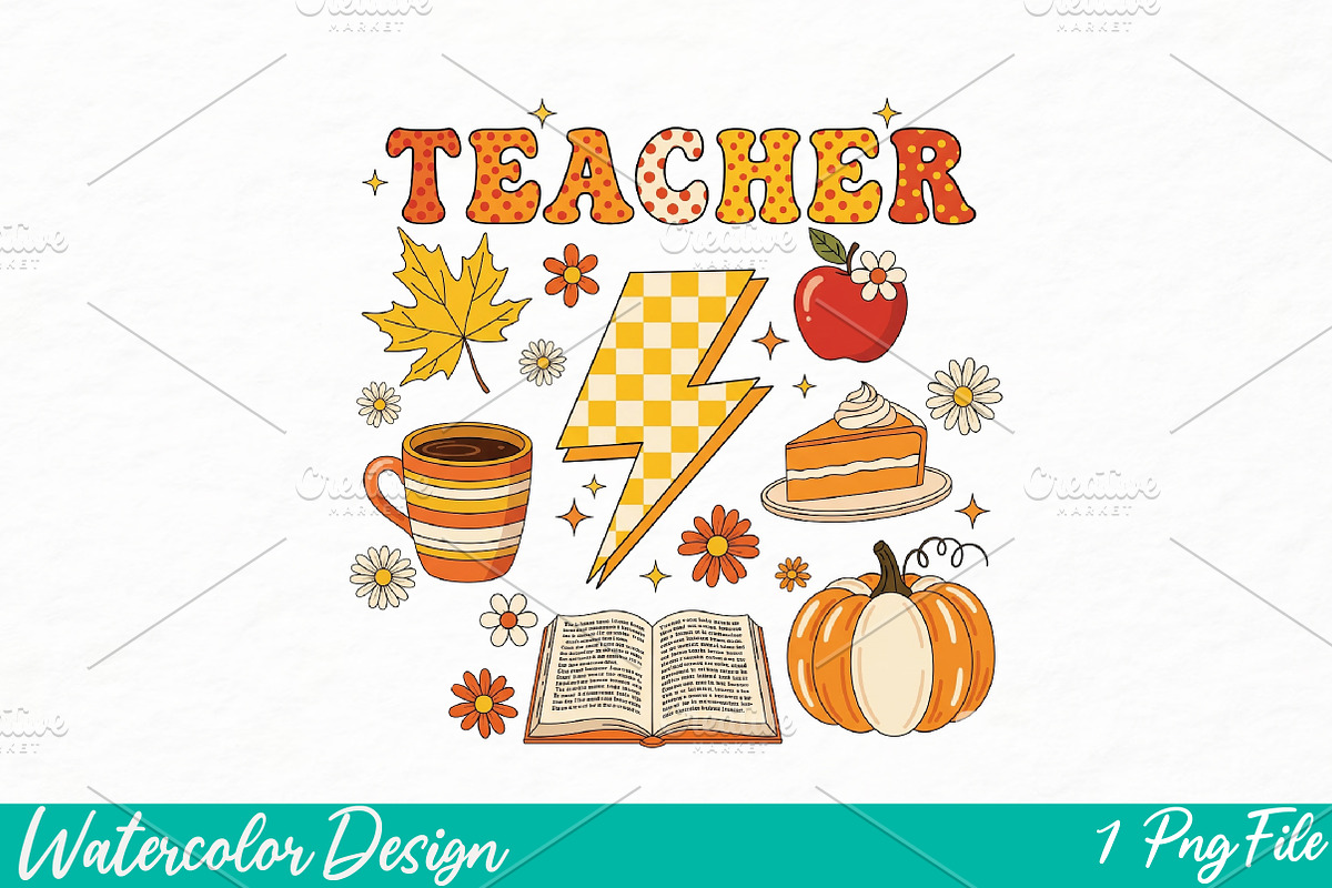 Fall Teacher PNG, Retro Fall Png, an Illustration by Watercolor design (Photo 1 of 3)