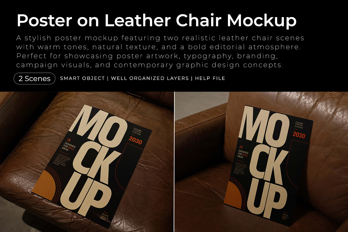 Poster on Leather Chair Mockup, an Advertising Mockup by Pitchlook.Studio (Photo 1 of 4)
