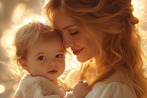 A warm moment between a Caucasian mother and her toddler, embraced in soft gold, a Person Photo by ImageMir