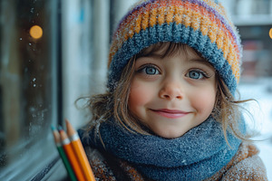 A joyful young girl with blue eyes and curly hair, wearing a colorful knitted h, a Person Photo by ImageMir