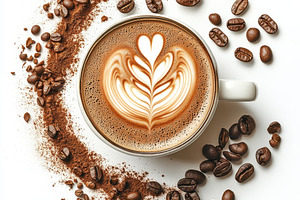 Latte art coffee cup beans powder de, a Food & Drink Photo by Pixeness Studio