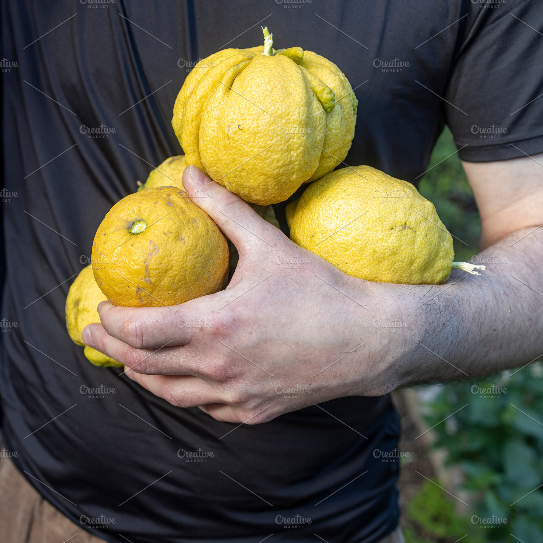 A man in a black t-shirt holds lemon, a Nature Photo by Imaginarium