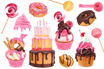 Cake, cupcakes, donuts, vector icons