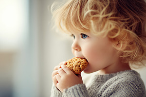 Toddler with curly hair enjoys, a Food & Drink Photo by MistyDay