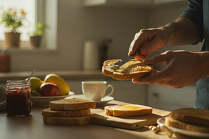 Man spreading butter on toast in a s, a Food & Drink Photo by professorinc