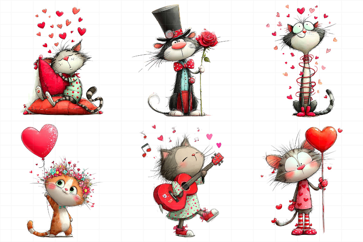 Whimsical Cats Valentines Day Clipar, an Illustration by Daily.Designs (Photo 3 of 8)