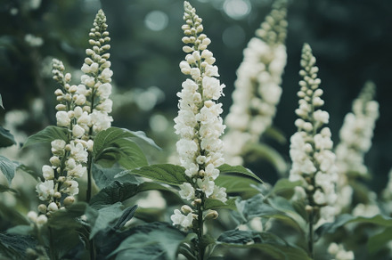 Tall white flowers bloom among lush, a Photo by Tanuart