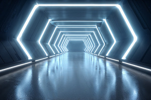 Futuristic tunnel illuminated with bright neon lights at night, a Background Photo by OSORIOartist
