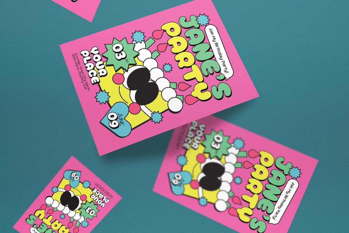 Blue Pink Kids Birthday Invitation, an Invitation Template by graphicook (Photo 2 of 3)
