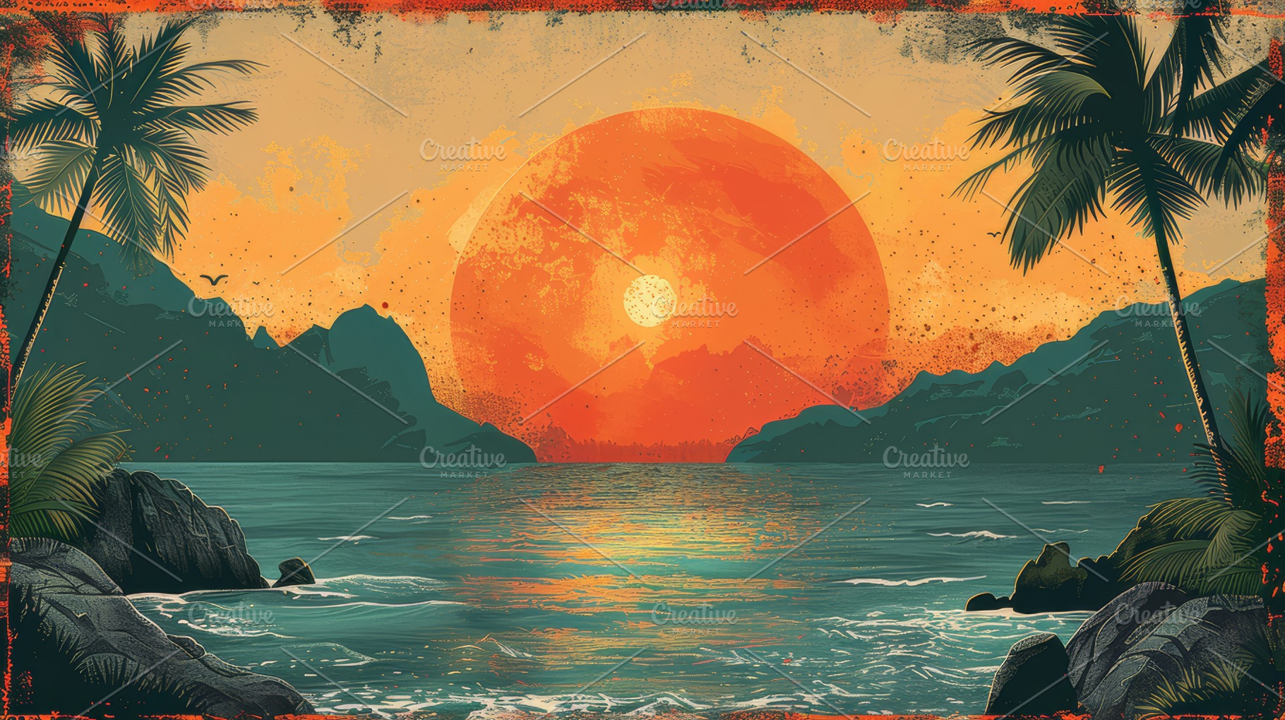 Tropical Sunset Over the Ocean with Palm Trees and Mountains Landscape, a Photo by AS photostudio