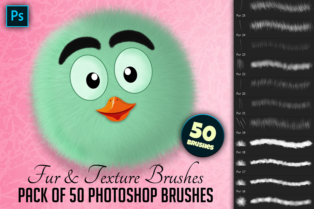 50 photoshop Fur & Texture Brushes, a Brush Add-On by Velo Graphic Studio (Photo 1 of 11)