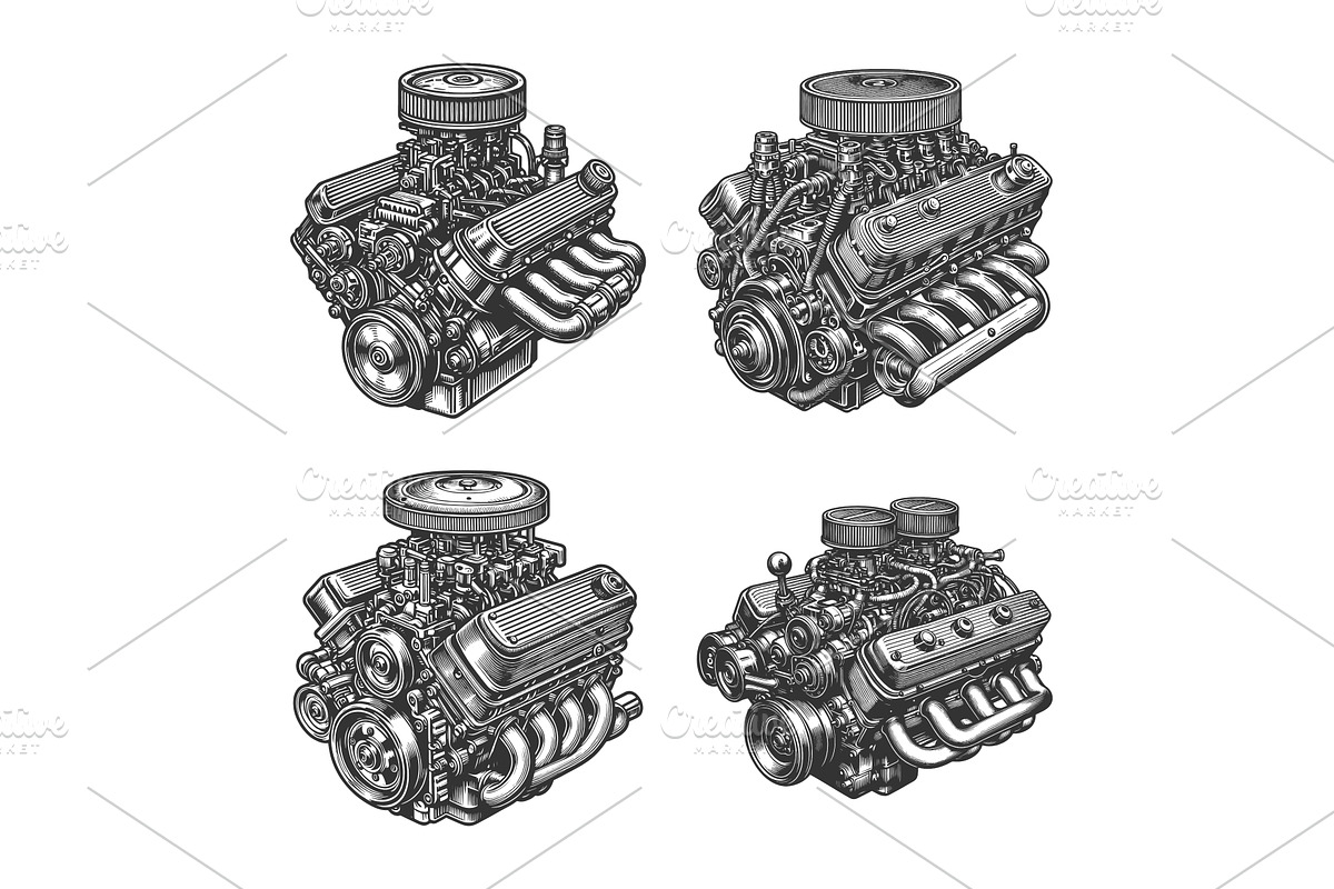 Vintage car Engine engraving set, an Object Illustration by AlexArt
