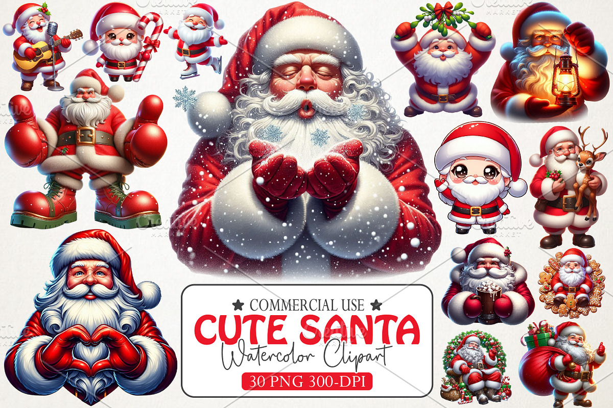Cute Santa Watercolor Clipart, an Illustration by RobertsArt (Photo 1 of 5)