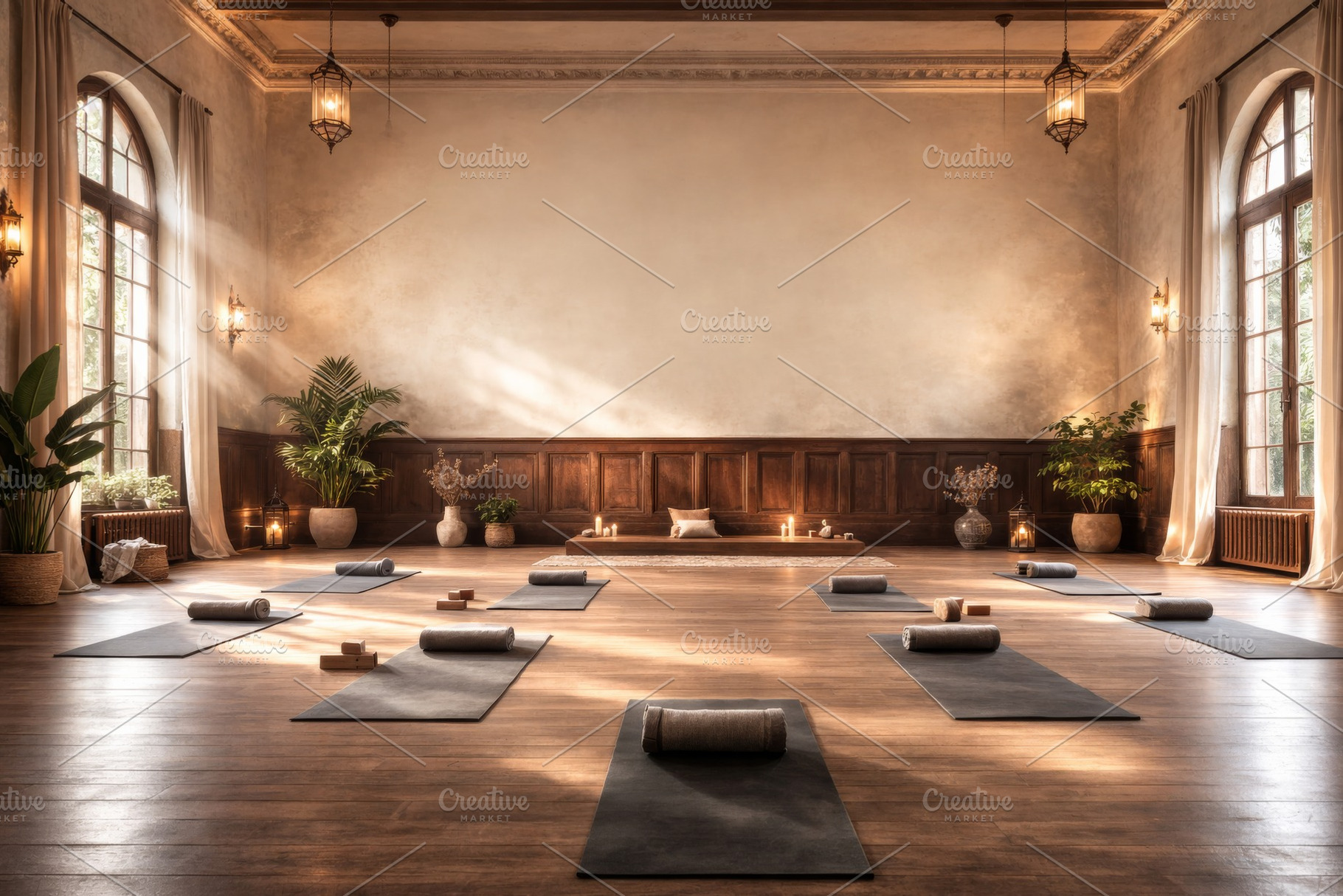 Yoga studio with mats and props set, a Photo by Dvoevnore photos
