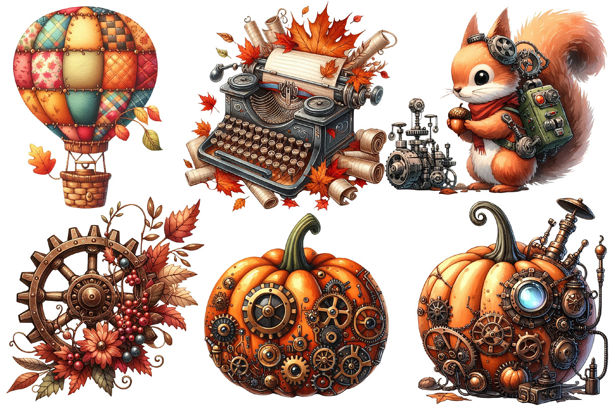 Watercolor Steampunk Autumn Clipart, an Illustration by Designworld (Photo 4 of 6)