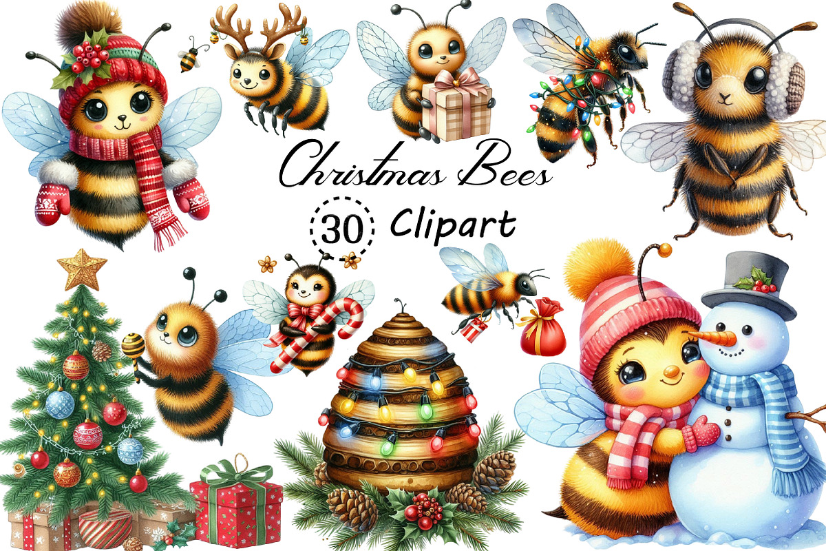 Cute Cartoon Christmas Bees Clipart, an Illustration by Creative Art (Photo 1 of 9)