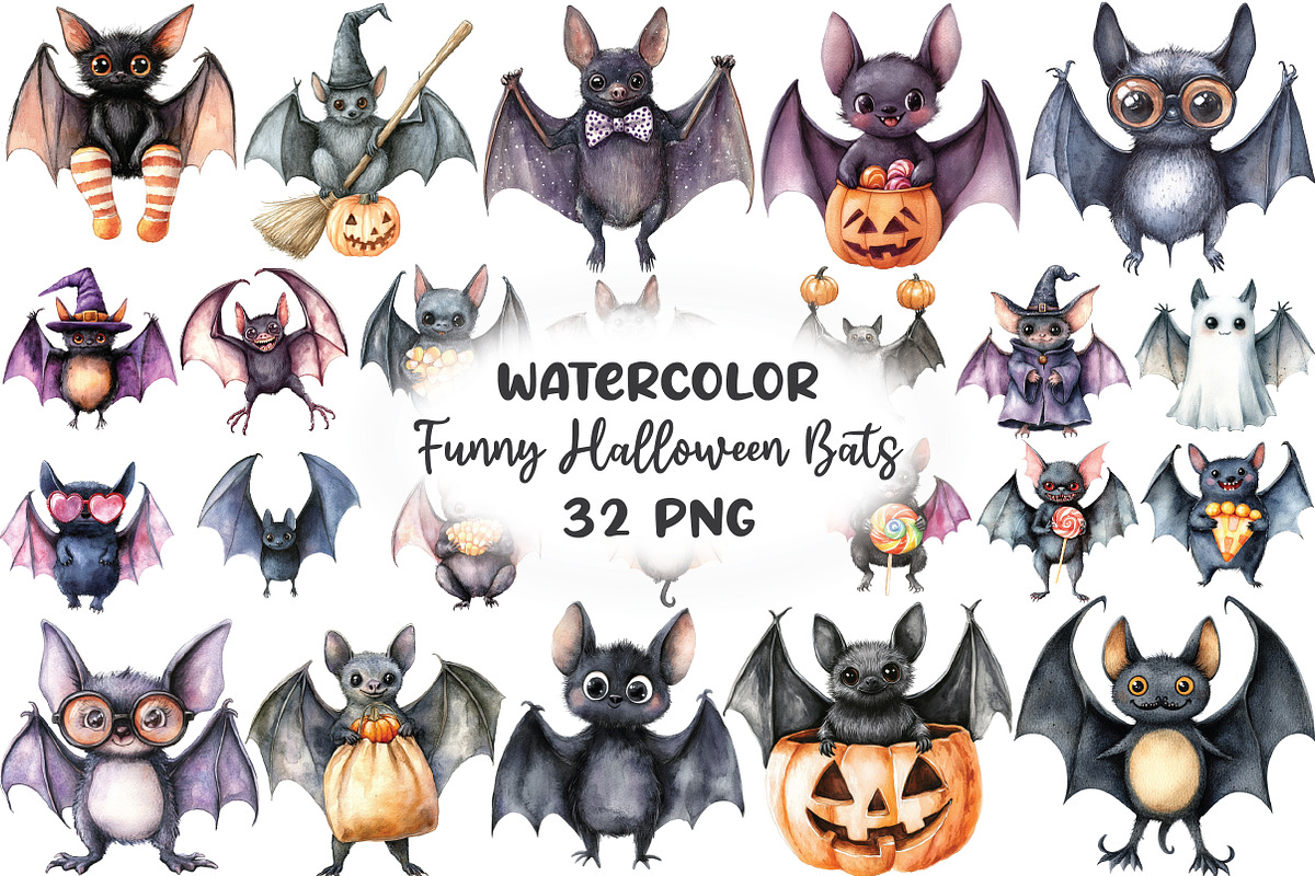 Funny Halloween Bats Clipart, an Illustration by CraftArtStudio (Photo 1 of 6)