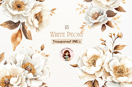 White and Gold Peony Clipart Bundle