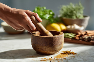 A hand grinding spices in a rustic mortar and pestle, surrounded by fresh herbs, a Business Photo by ImageMir