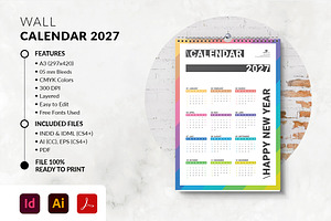 Colorful One Page Wall Calendar 2027, a Stationery Template by MstArtwork