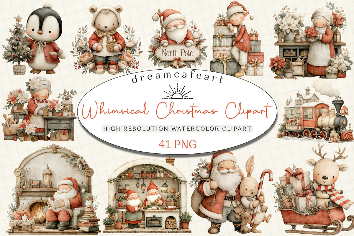 Whimsical Christmas Clipart, an Illustration by DreamCafeArt (Photo 1 of 6)