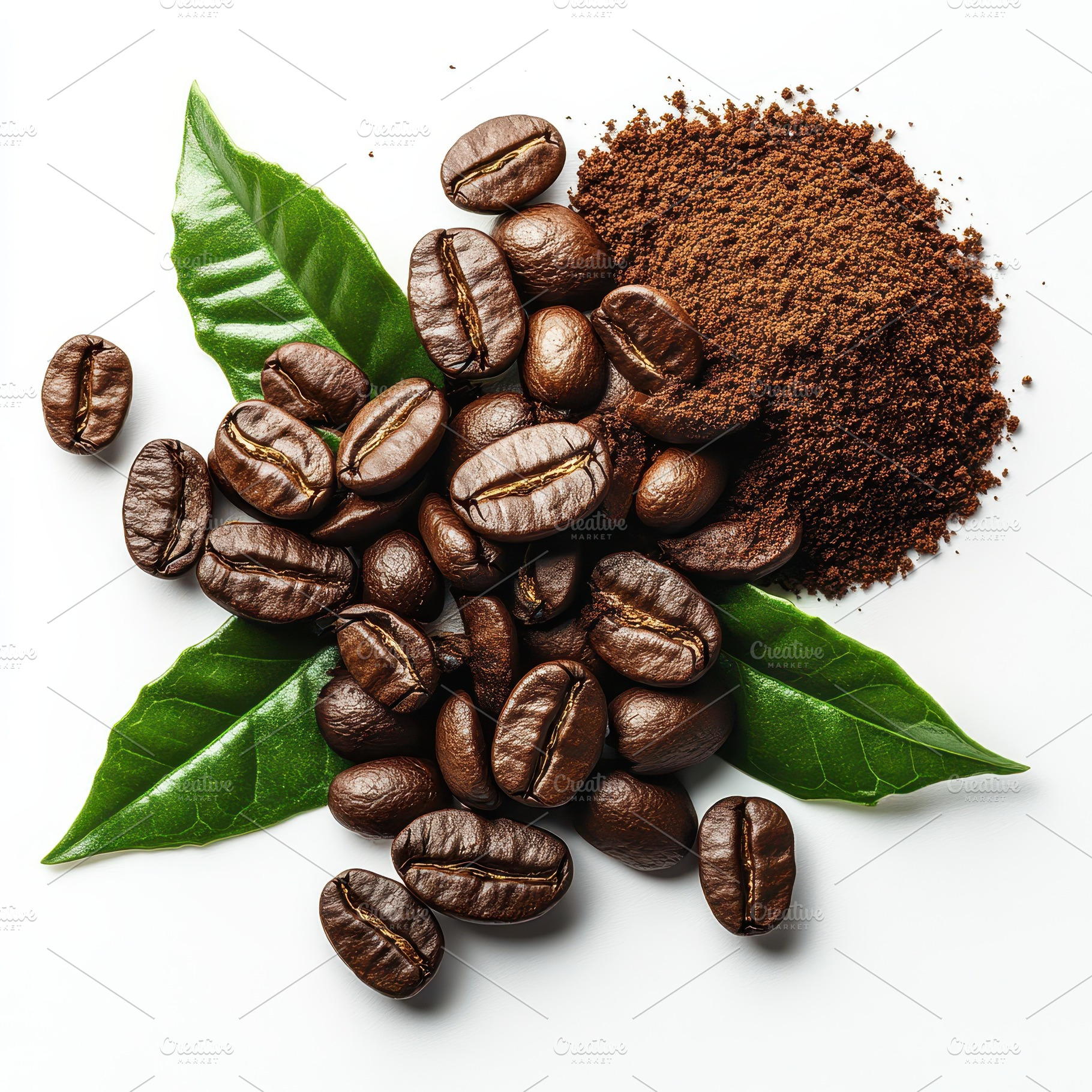 Coffee beans ground coffee and leave, a Food & Drink Photo by Pixeness Studio