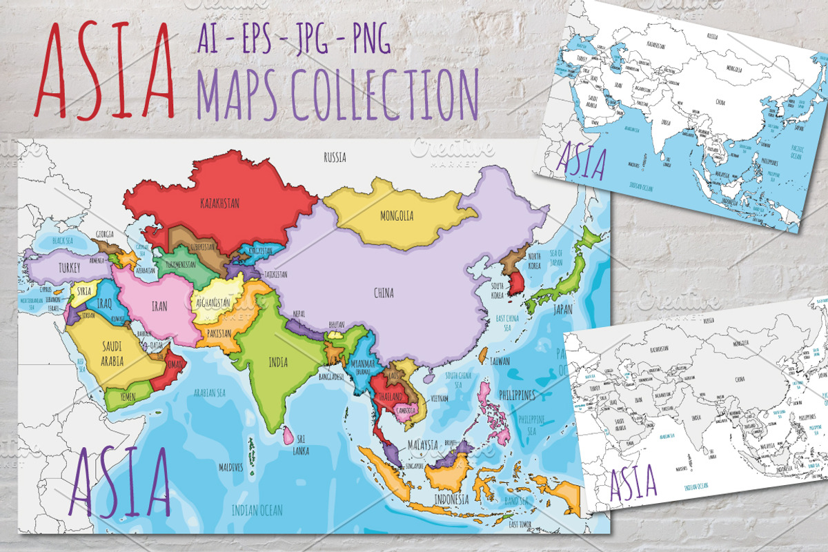 3x Asia Illustrated Vector Maps