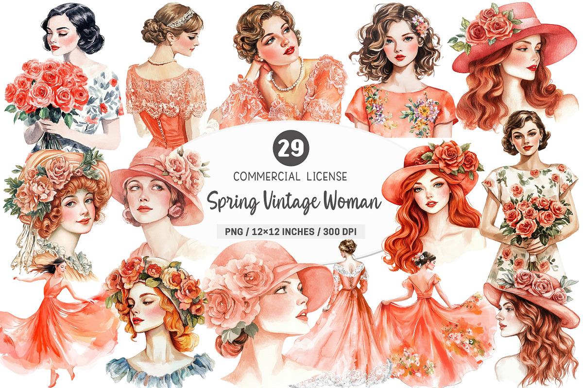 Coral Spring Vintage Woman Clipart, an Illustration by SinaCreation (Photo 1 of 5)
