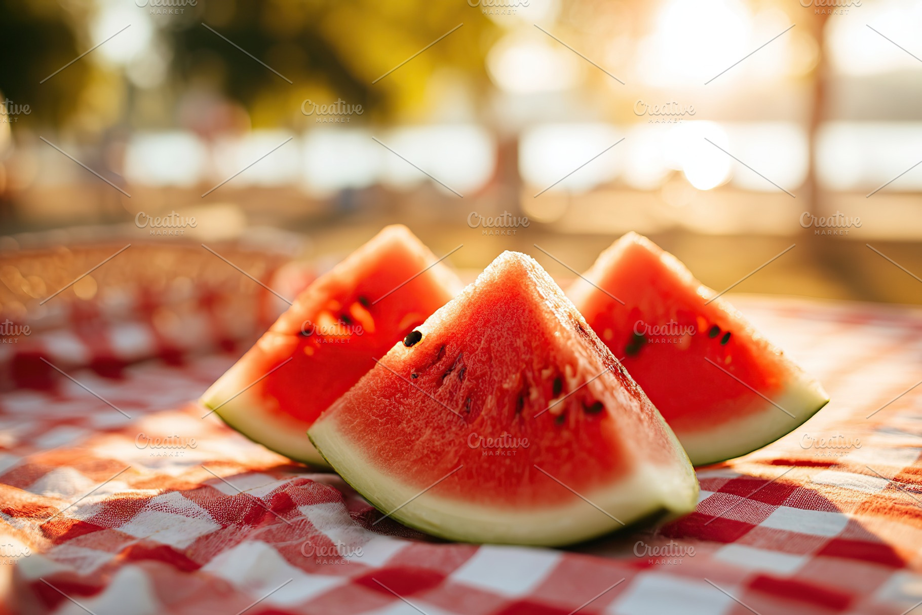 Watermelon slices on checkered picnic blanket at sunset by the lakeside, a Food & Drink Photo by AlyaAnd