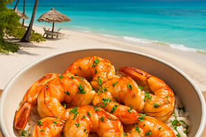 Grilled shrimp rice bowl sea view, a Food & Drink Photo by LiliGraphie