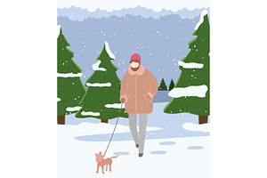 Man In Warm Clothes Walks With Pet