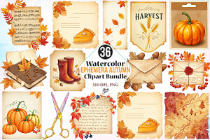 Watercolor Ephemera Autumn Clipart, a Seasonal Illustration by Canvas Craft