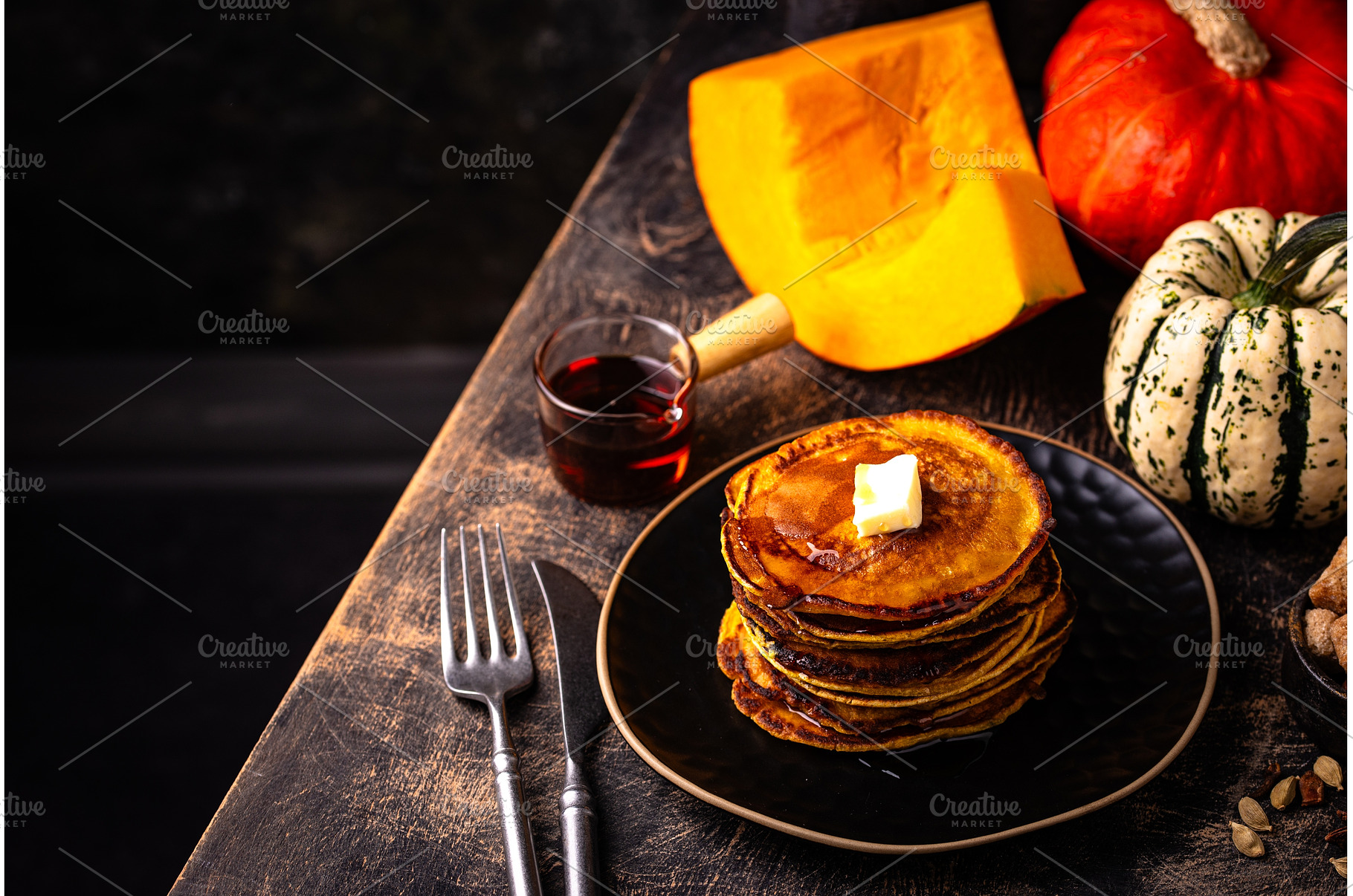 Pumpkin pancakes with maple syrup, a Food & Drink Photo by Yulia Furman
