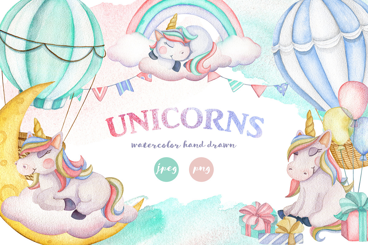 Unicorns. Watercolor set, an Animal Illustration by JuliaBadeeva (Photo 1 of 11)