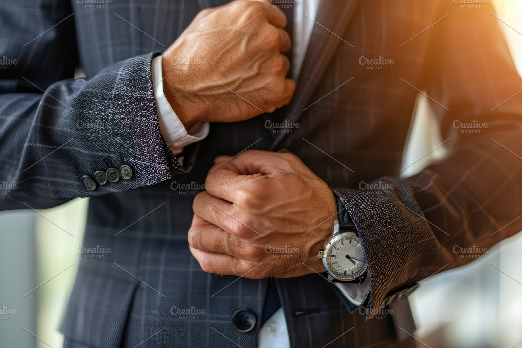 Man adjusting plaid suit with watch, a Business Photo by AlyaAnd