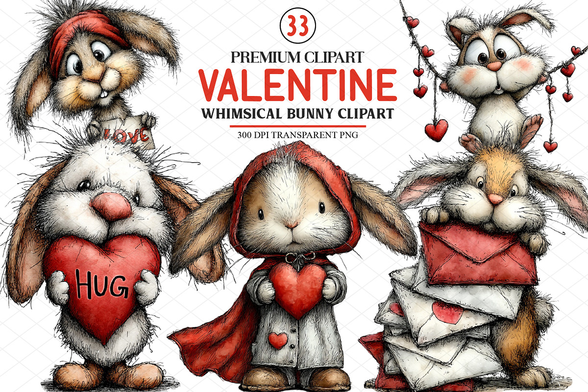 Whimsical Valentine Bunny Clipart, an Illustration by cherrydesign (Photo 1 of 4)