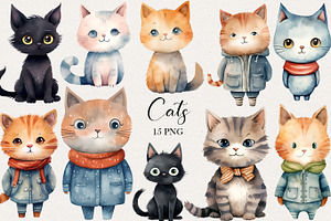 Cats Watercolor Clipart. AI