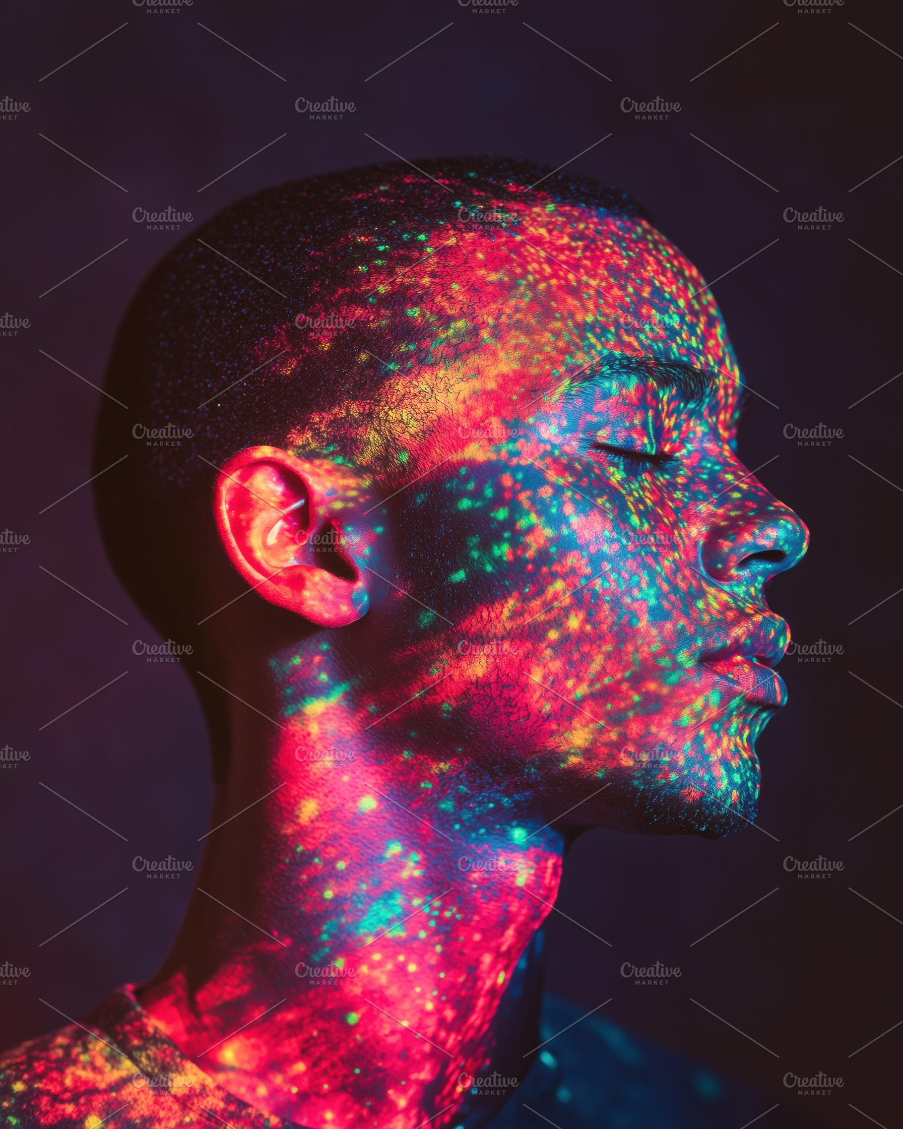 A profile view of a young man with closed eyes, illuminated by colorful light p, a Person Photo by Textures & Backgrounds