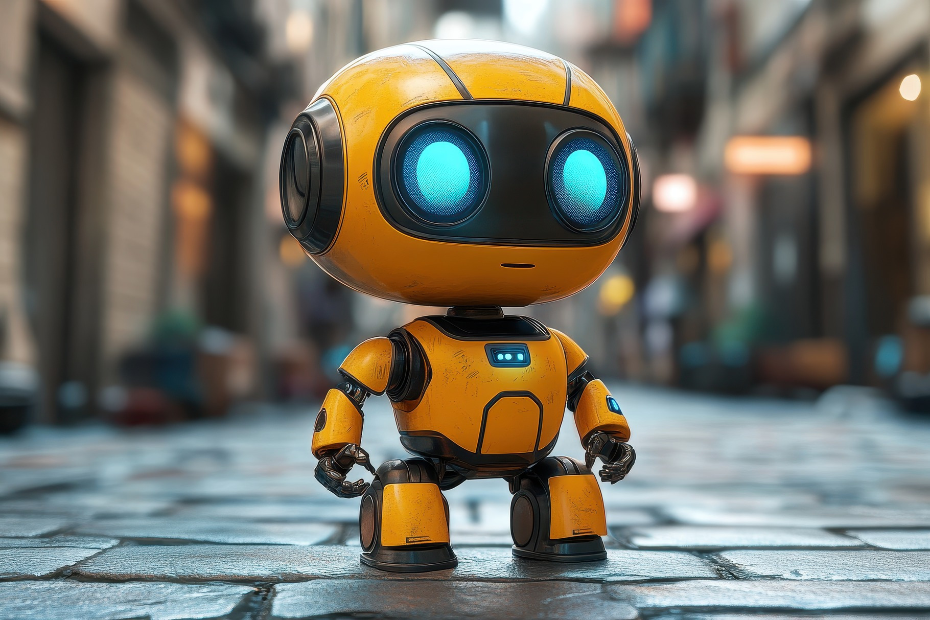 Small yellow robot with glowing blue, a Photo by Tanuart