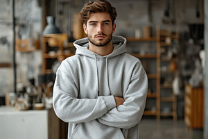 Young man in gray hoodie stands conf, a Photo by Tanuart