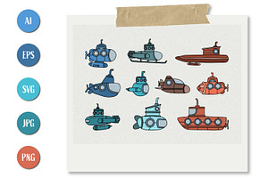 Fantastic submarine collection, a Transportation Illustration by Saba Vector