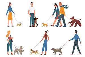 People Walk With Pet Dogs Set