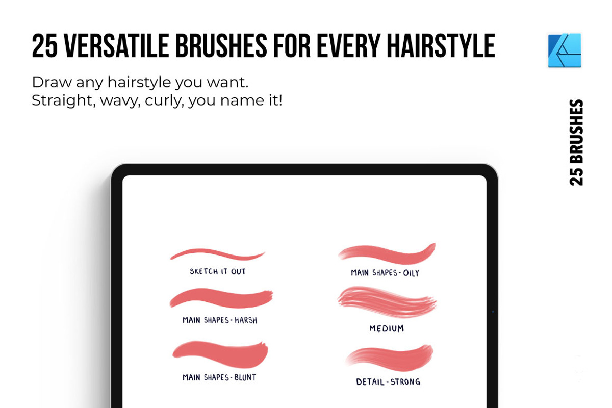 25 Hair Brushes for Affinity, a Brush Add-On by Riveros Illustration (Photo 3 of 9)