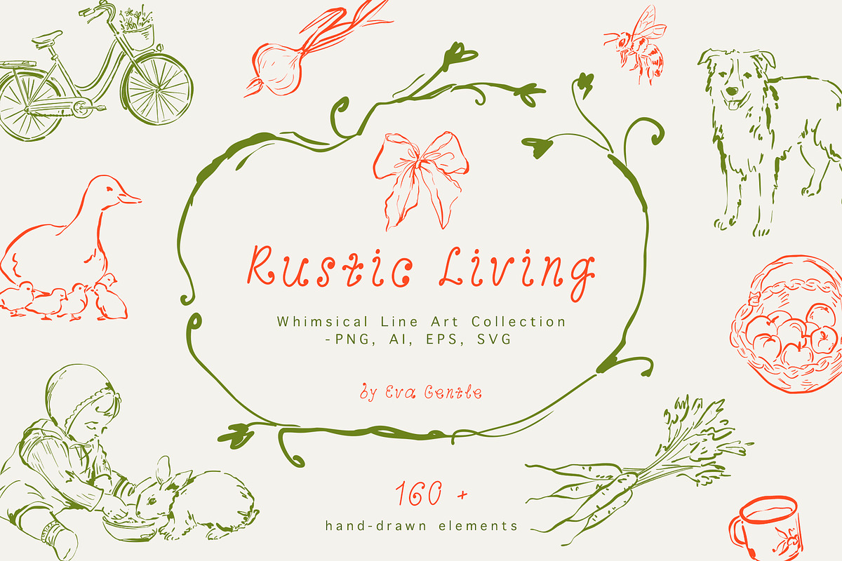 Rustic Countryside Line Art Collection