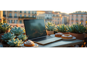 Open laptop on a table with pastries, an Illustration by tilialucida