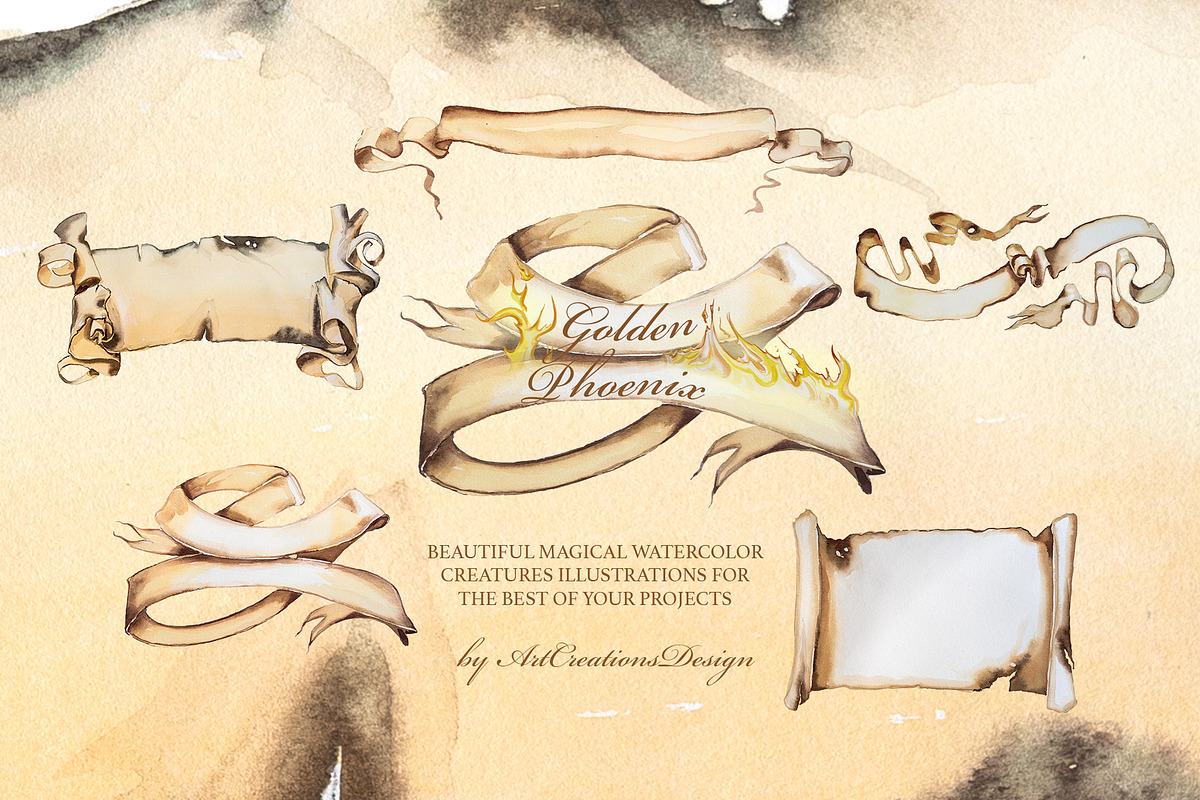 Watercolor Golden Phoenix Clipart, an Animal Illustration by ArtCreationsDesign (Photo 4 of 10)