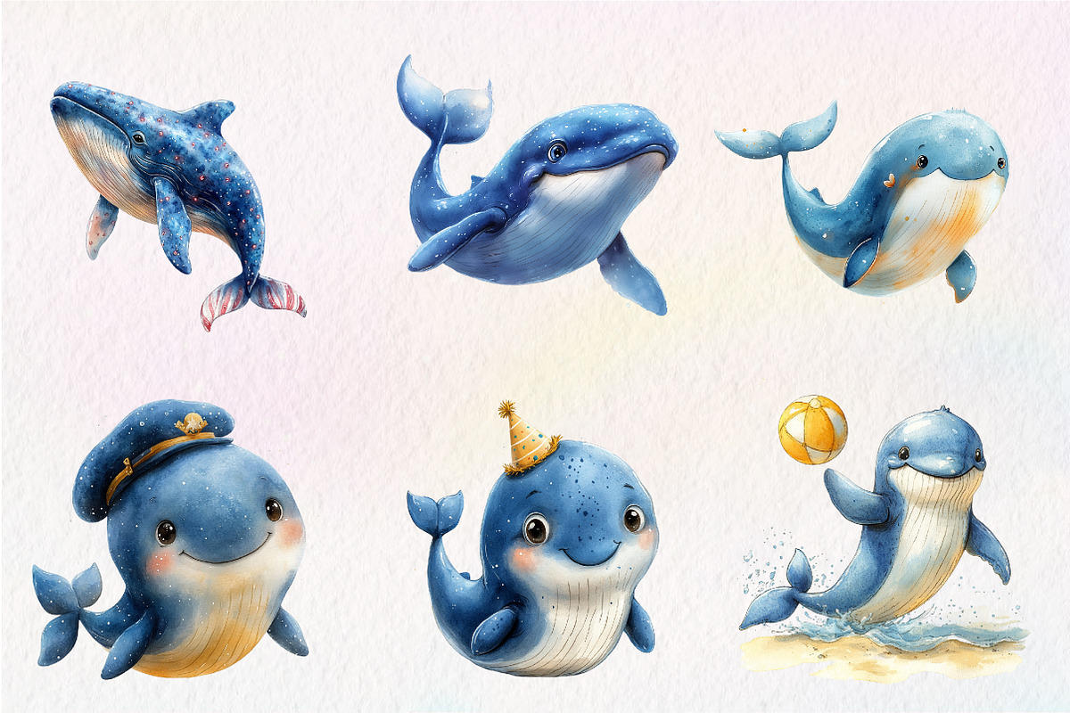 Whale Watercolor Clipart, Blue Whale, an Illustration by CreationArt (Photo 2 of 5)